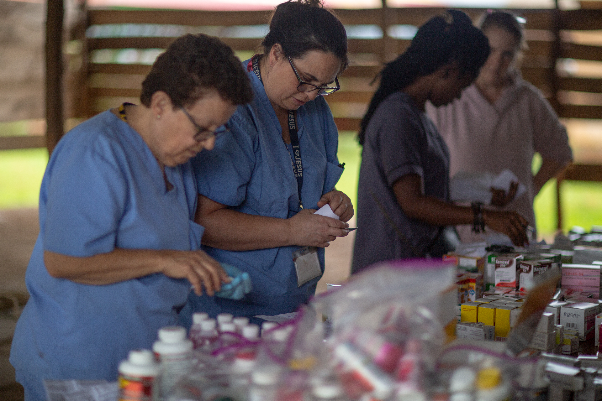 Medical volunteers preparing supplies